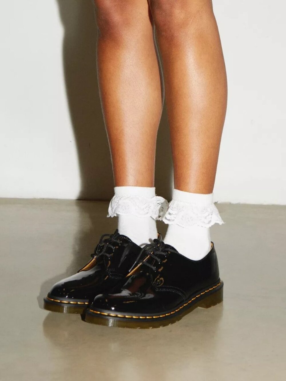 Dr. Martens Women's Black Patent 3-Eye Derby with Yellow Stitching